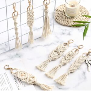 Nosiny 24 Pieces Boho Macrame Keychains Mini Cute Handcrafted Tassel Keychain Macrame Bag Charms Aesthetic Keychain with Tassel for Women Car Key Purse Phone Wallet Party Supplies, Beige