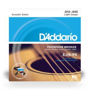 D'Addario Acoustic Guitar Strings, Picks, Strap Beginner Kit - EJ16 Phosphor Bronze Acoustic Strings, 12-53 Light - Poly Pro Black Guitar Strap - 10 pack Celluloid Assorted, Medium Gauge Guitar Picks