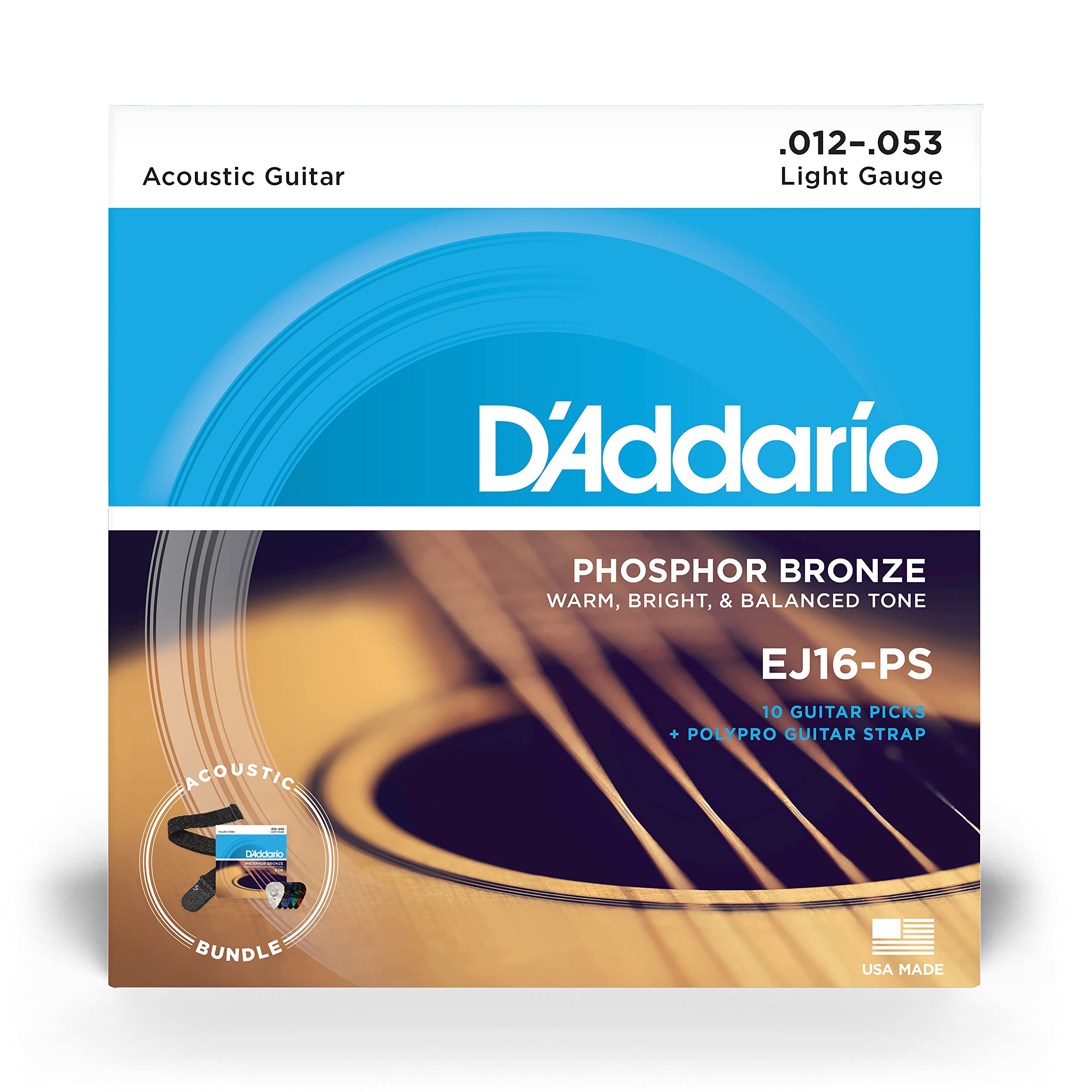 D'Addario Acoustic Guitar Strings, Picks, Strap Beginner Kit - EJ16 Phosphor Bronze Acoustic Strings, 12-53 Light - Poly Pro Black Guitar Strap - 10 pack Celluloid Assorted, Medium Gauge Guitar Picks