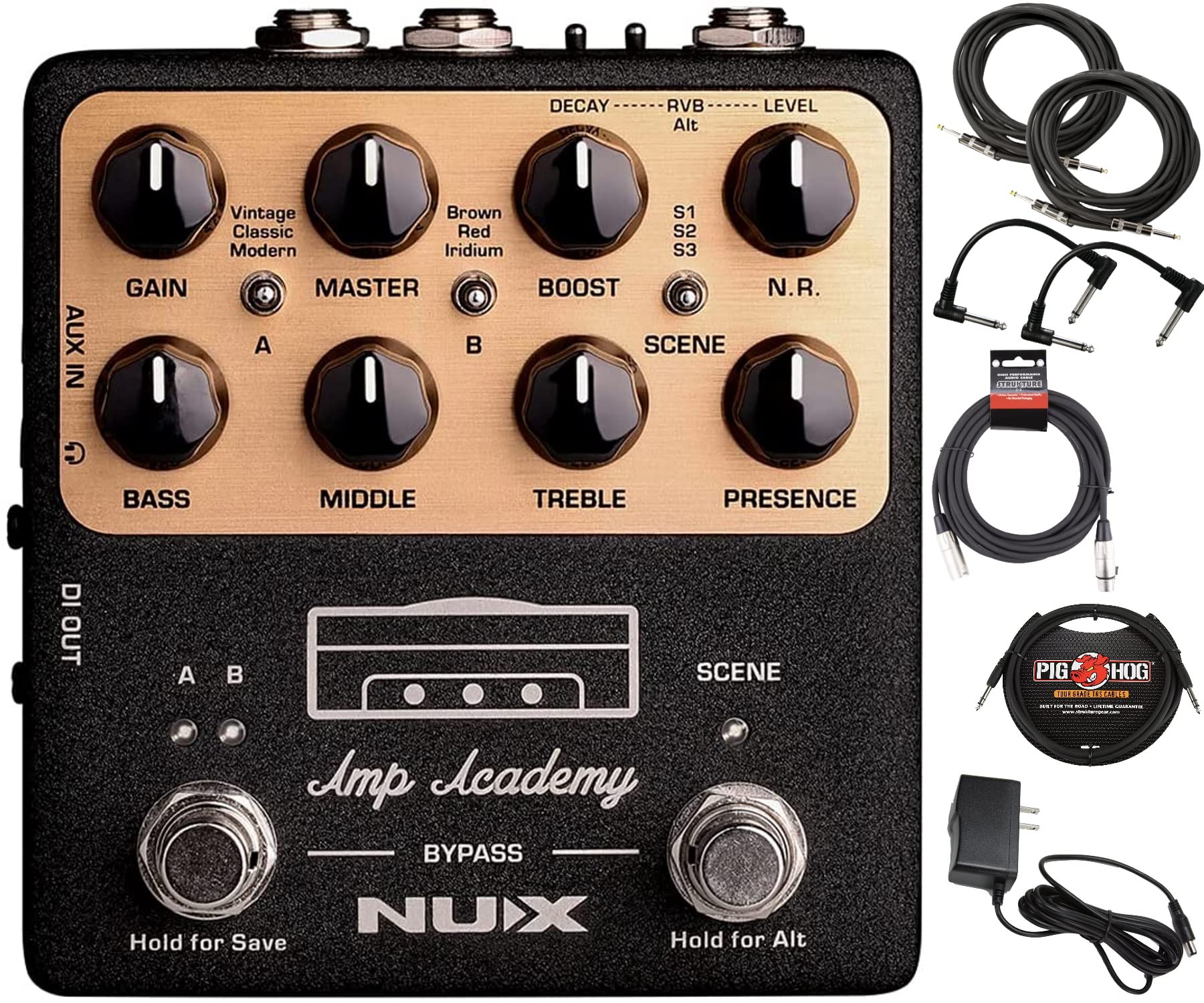 Briskdrop NUX NGS-6 Amp Academy Amp Modeler Guitar Pedal - Bundle with 2 Instrument, 2 Patch, 1/4'' TRS and XLR Cables, Brown,Red