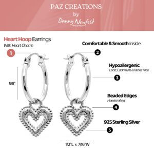 Paz Creations 925 Sterling Silver Earrings for Women - Small Hoop Earrings with Heart Charm, Hypoallergenic Sterling Silver Dangle Earrings for Women (Sterling Silver Charm)