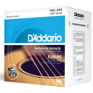 D'Addario Acoustic Guitar Strings, Picks, Strap Beginner Kit - EJ16 Phosphor Bronze Acoustic Strings, 12-53 Light - Poly Pro Black Guitar Strap - 10 pack Celluloid Assorted, Medium Gauge Guitar Picks