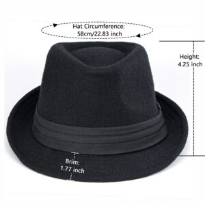 Men's Classic Short Brim Trilby Hat Gangster Fedora Wool Cap with Band (S/M) Black