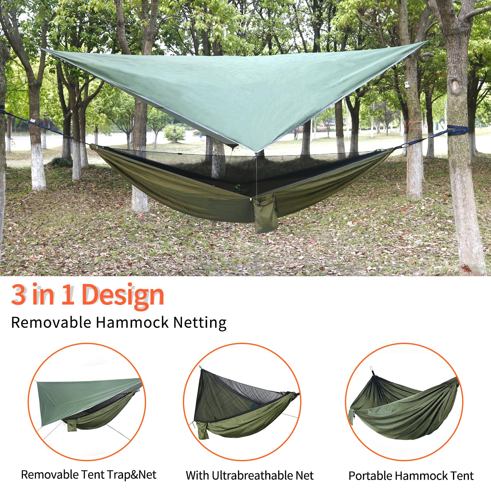 NewDoar Camping Hammock with Mosquito Net and Rain Fly Tarp,Portable Single Nylon Parachute Hammock Rainfly Set,Tree Straps Swing Hammock Bed for Outdoor Backpacking Backyard Hiking(ArmyGreen)