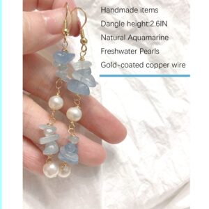 Long Raw Aquamarine Dangle Drop Earrings,Genuine Aquamarine Gemstones Handmade Jewelry March Birthstone Gift for Women (Dangle)