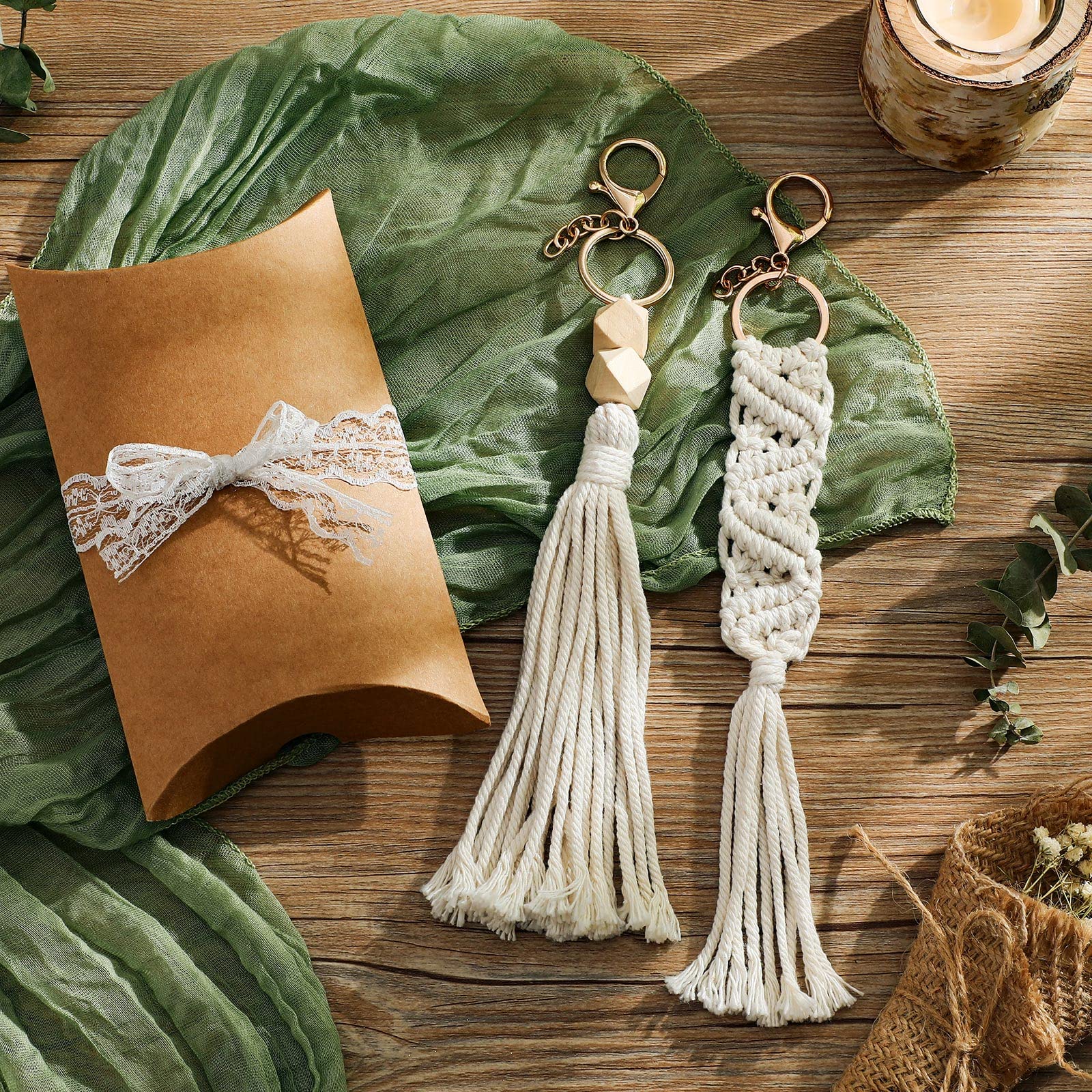 Nosiny 24 Pieces Boho Macrame Keychains Mini Cute Handcrafted Tassel Keychain Macrame Bag Charms Aesthetic Keychain with Tassel for Women Car Key Purse Phone Wallet Party Supplies, Beige