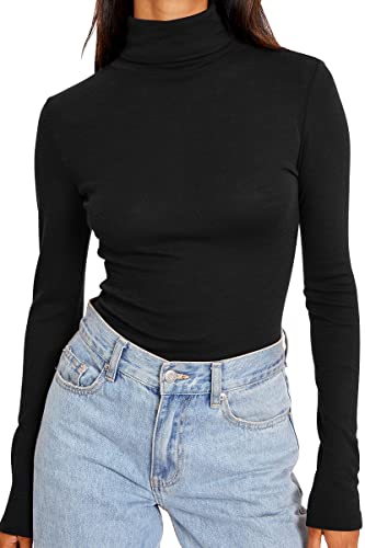 Trendy Queen Womens Long Sleeve Tops Mock Neck Turtleneck Shirts Slim Fit Basic Layering Stretch Soft Thermal Undershirts Trendy Fall Winter Going Out Tops 2024 Black