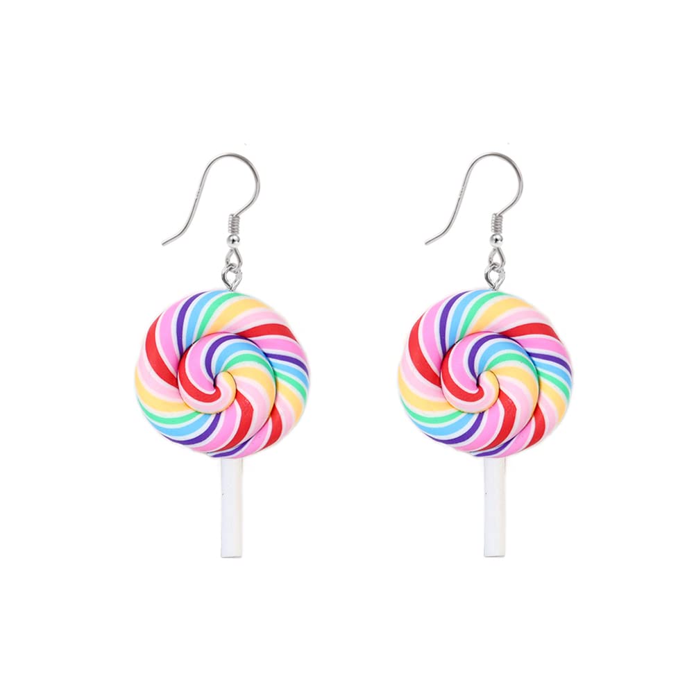 Cute Lollipop Colorful Rainbow Statement Lightweight Halloween Hook Dangle Drop Earrings for Women Teen Girls Little Sensitive Ear Lovely Sweet Candy Sugar Charm Hanging Dangling Hypoallergenic