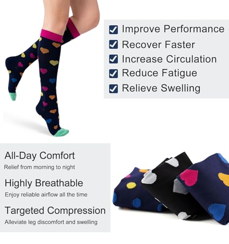 (3 pairs)Compression Socks 20-30 mmHg Long Socks for Women and Knee High Socks for Women Black Colorful L/XL