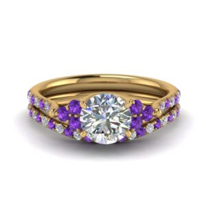 caratyogi round cut petite cathedral wedding ring set yellow gold plated natural amethyst round shape purple color wedding ring sets prong setting in size 9 casual wear for gift