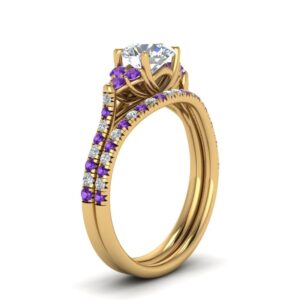 CaratYogi Round Cut Petite Cathedral Wedding Ring Set Yellow Gold Plated Natural Amethyst Round Shape Purple Color Wedding Ring Sets Prong Setting in Size 9 Casual Wear for Gift