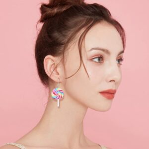 Cute Lollipop Colorful Rainbow Statement Lightweight Halloween Hook Dangle Drop Earrings for Women Teen Girls Little Sensitive Ear Lovely Sweet Candy Sugar Charm Hanging Dangling Hypoallergenic