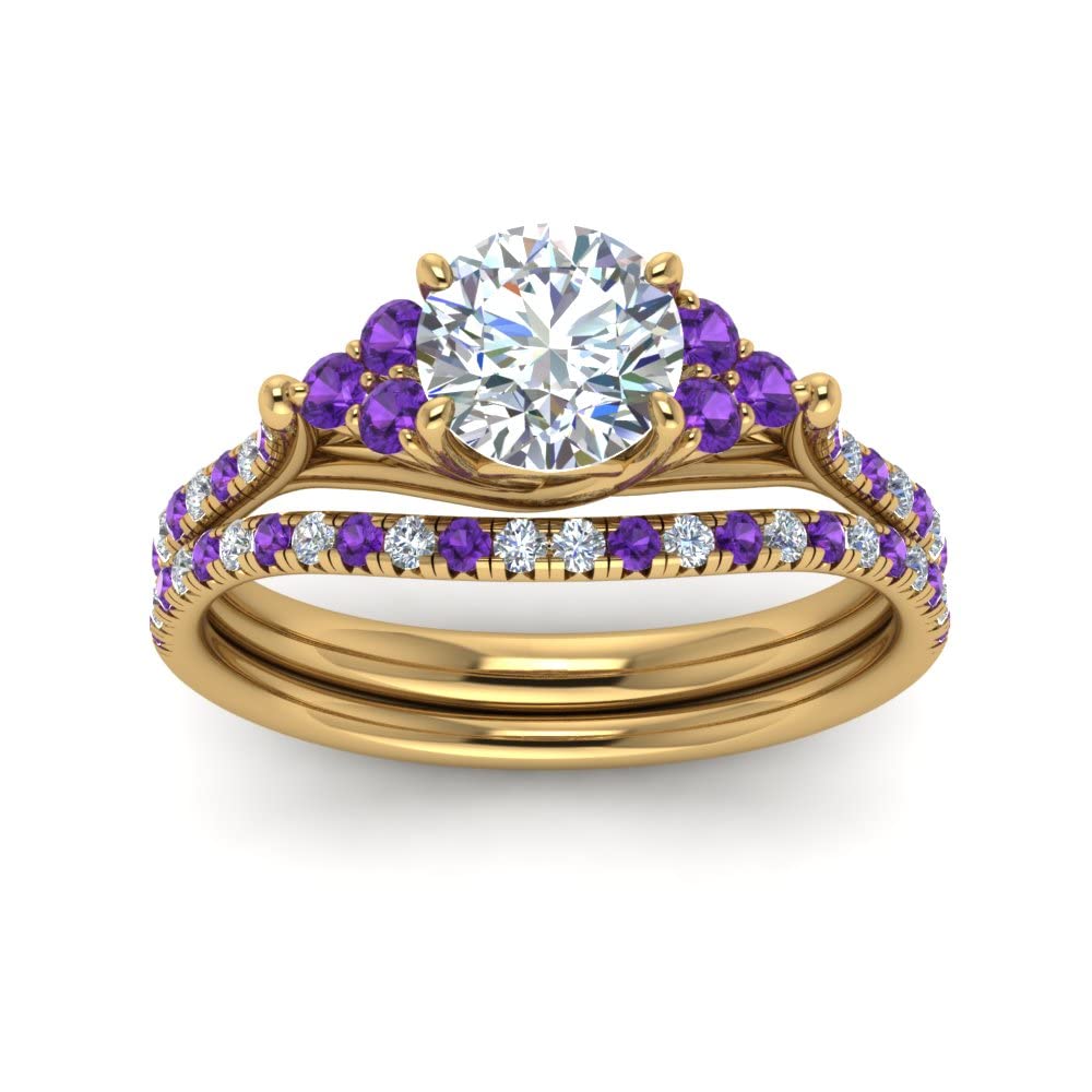 CaratYogi Round Cut Petite Cathedral Wedding Ring Set Yellow Gold Plated Natural Amethyst Round Shape Purple Color Wedding Ring Sets Prong Setting in Size 9 Casual Wear for Gift