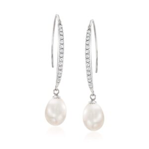 Ross-Simons 8x10mm Cultured Pearl and .38 ct. t.w. CZ Drop Earrings in Sterling Silver