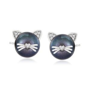 ross-simons 8-8.5mm cultured pearl cat earrings with diamond accents in sterling silver