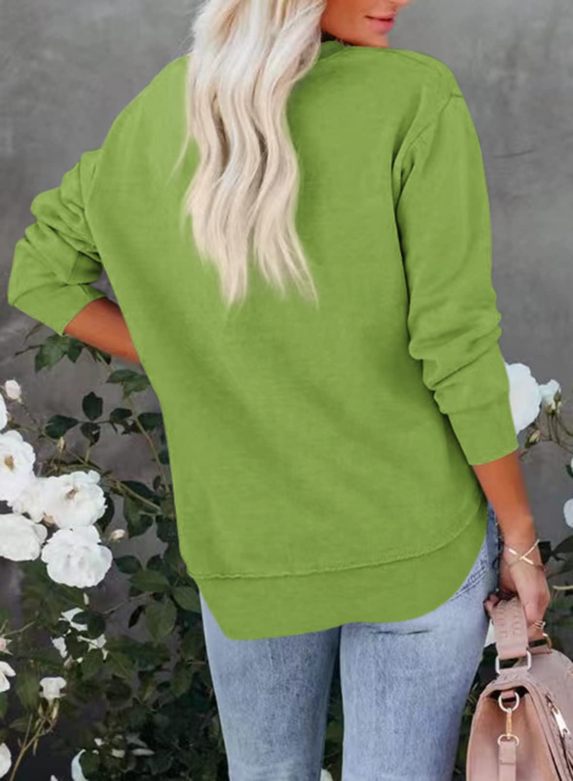 Pkabogbi Womens Long Sleeve Crewneck Pullover Sweatshirt No Hood Loose Fit Basic Green Sweatshirts Side Split Pullover Tops Green Small