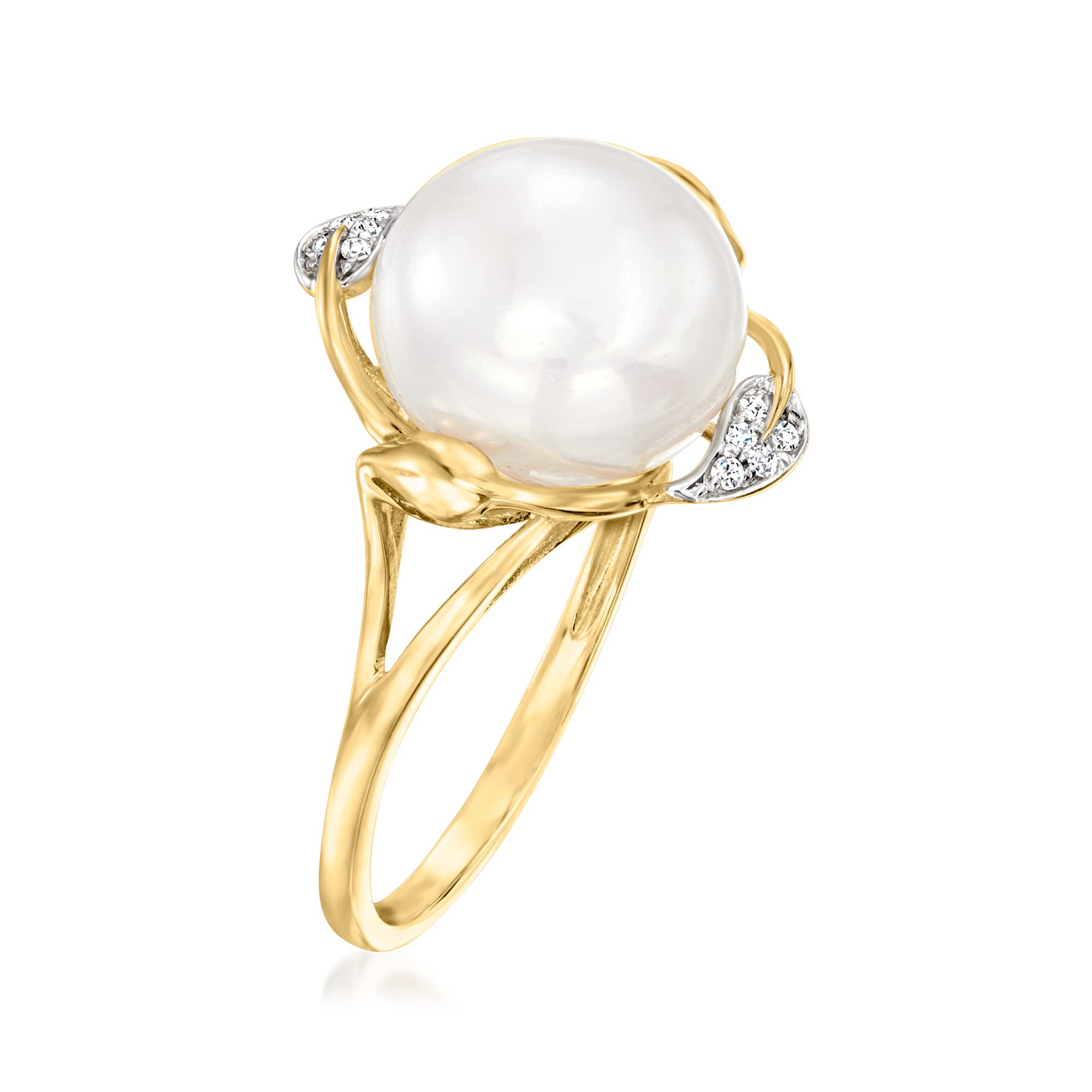 Ross-Simons 10-10.5mm Cultured Pearl Leaf Ring With Diamond Accents in 14kt Yellow Gold. Size 8