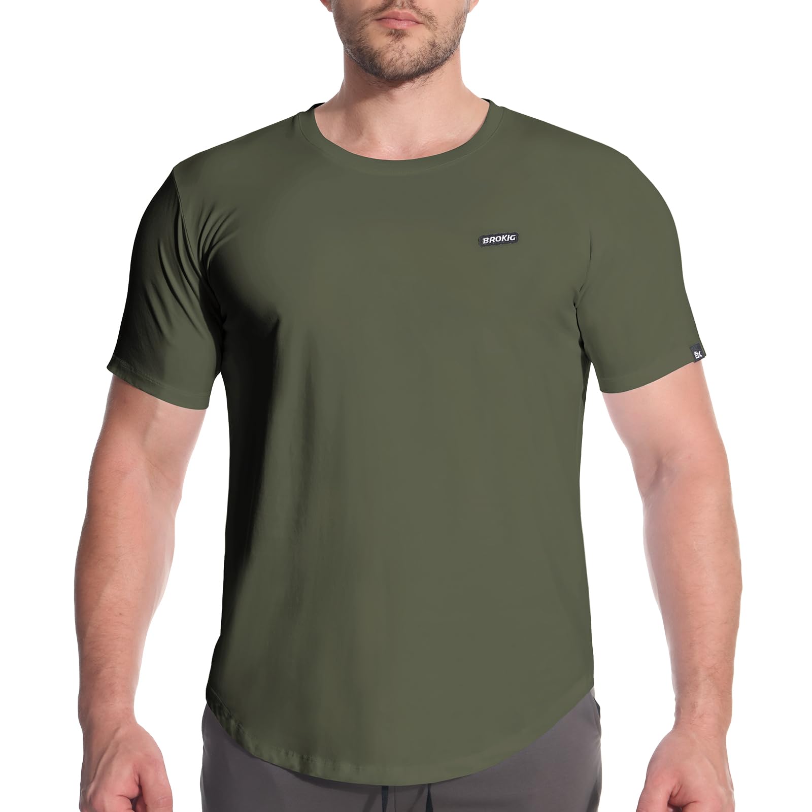 BROKIG Mens TDry Bold Gym Workout T-Shirt,Casual-Fit Training Bodybuilding Short Sleeve Shirts Men(X-Large,Army Green)