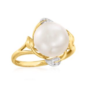 Ross-Simons 10-10.5mm Cultured Pearl Leaf Ring With Diamond Accents in 14kt Yellow Gold. Size 8