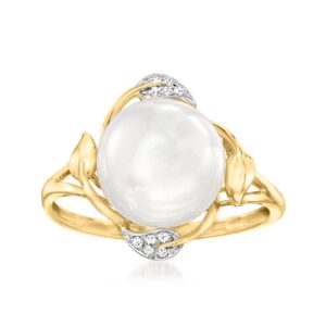 ross-simons 10-10.5mm cultured pearl leaf ring with diamond accents in 14kt yellow gold. size 8