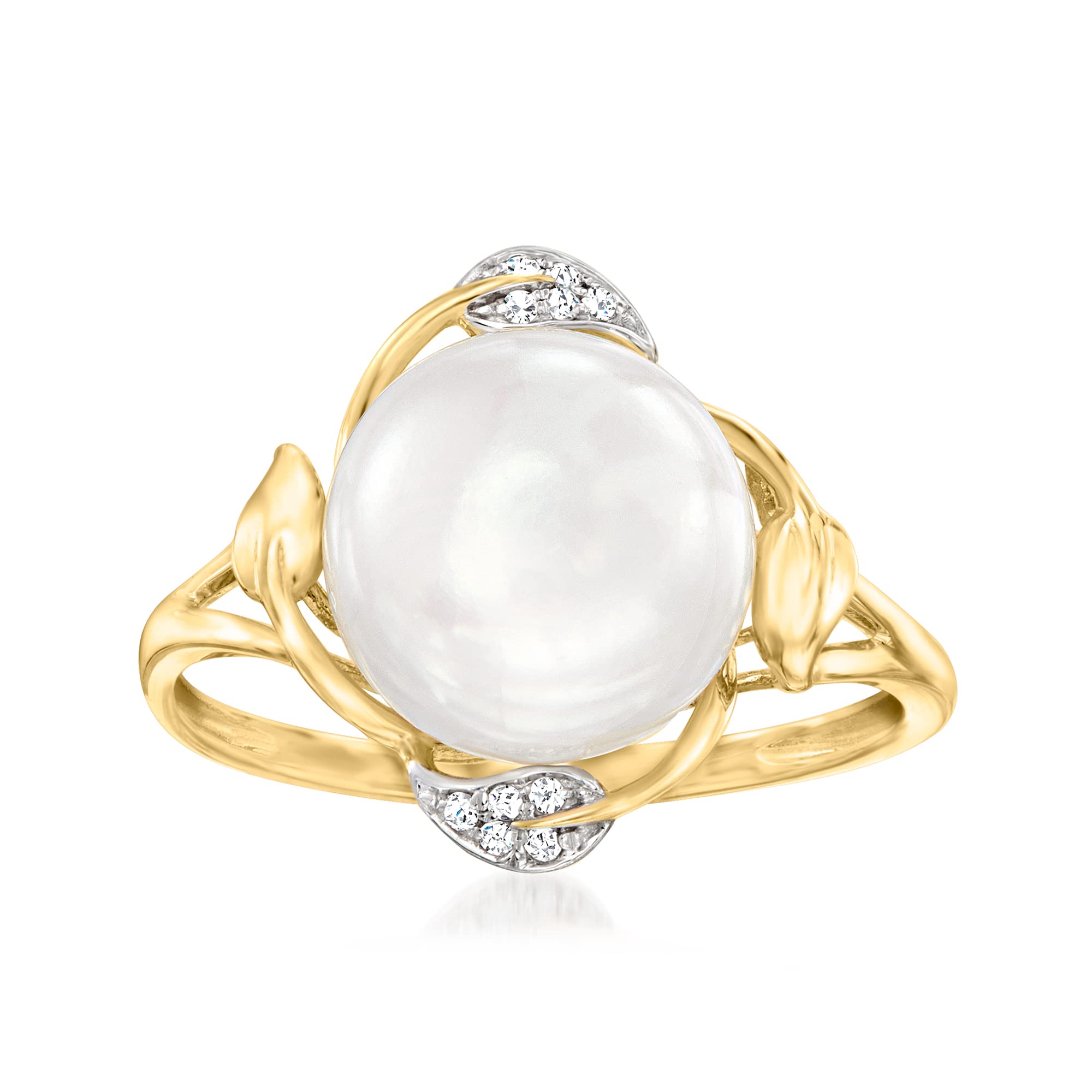 Ross-Simons 10-10.5mm Cultured Pearl Leaf Ring With Diamond Accents in 14kt Yellow Gold. Size 9