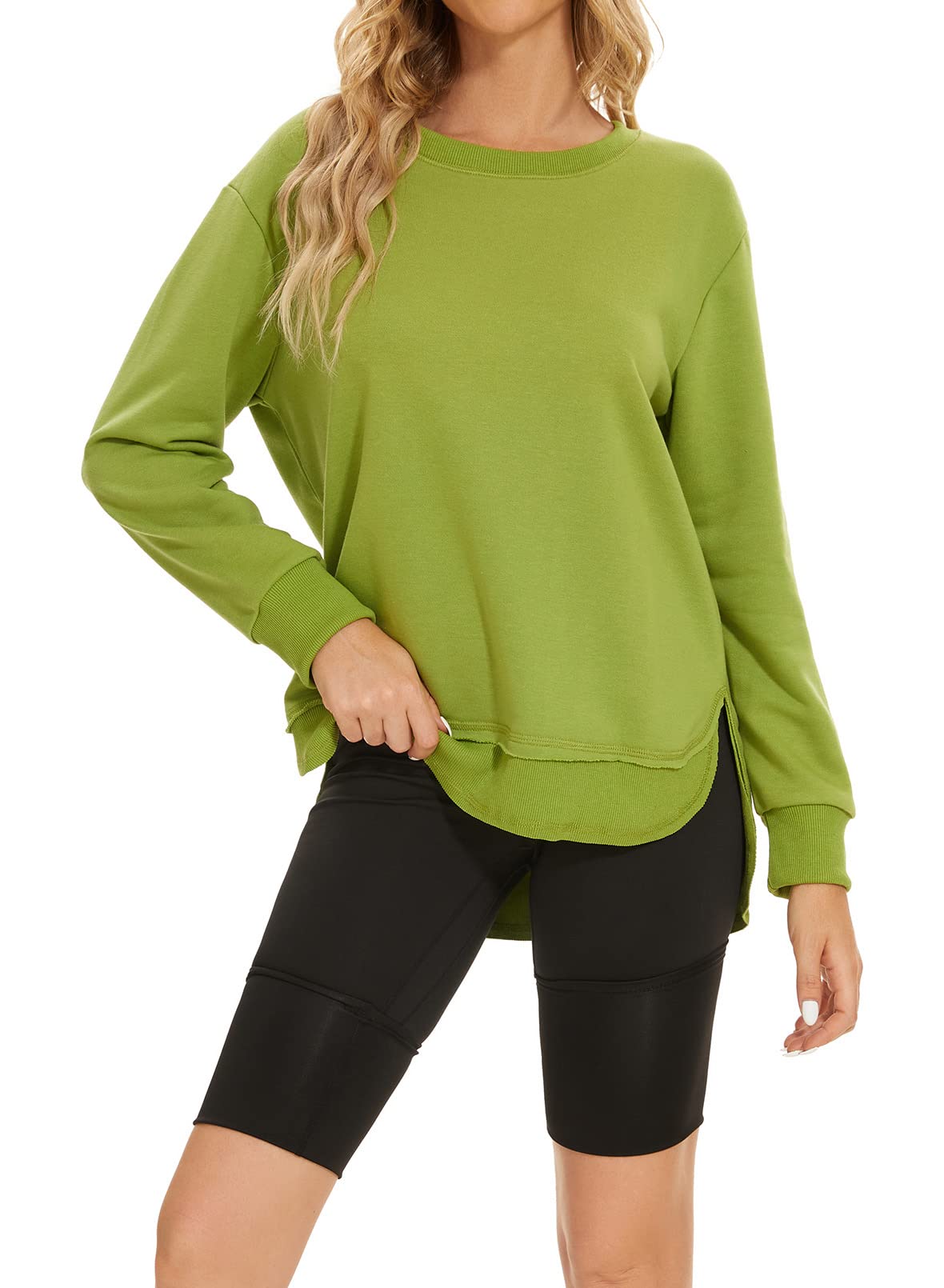 Pkabogbi Womens Long Sleeve Crewneck Pullover Sweatshirt No Hood Loose Fit Basic Green Sweatshirts Side Split Pullover Tops Green Small