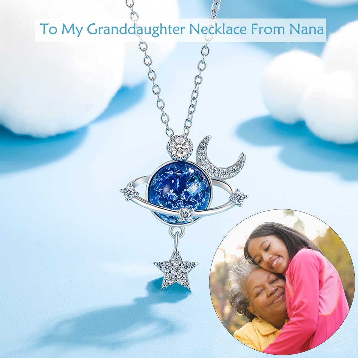 To My Beautiful Granddaughter Stars & Moon Necklace, Special Star Necklace CubicZirconia Stars Moon Universary Sapphires Pendant Necklace For Granddaughter Birthday Graduation Gift, Brass, Cubic