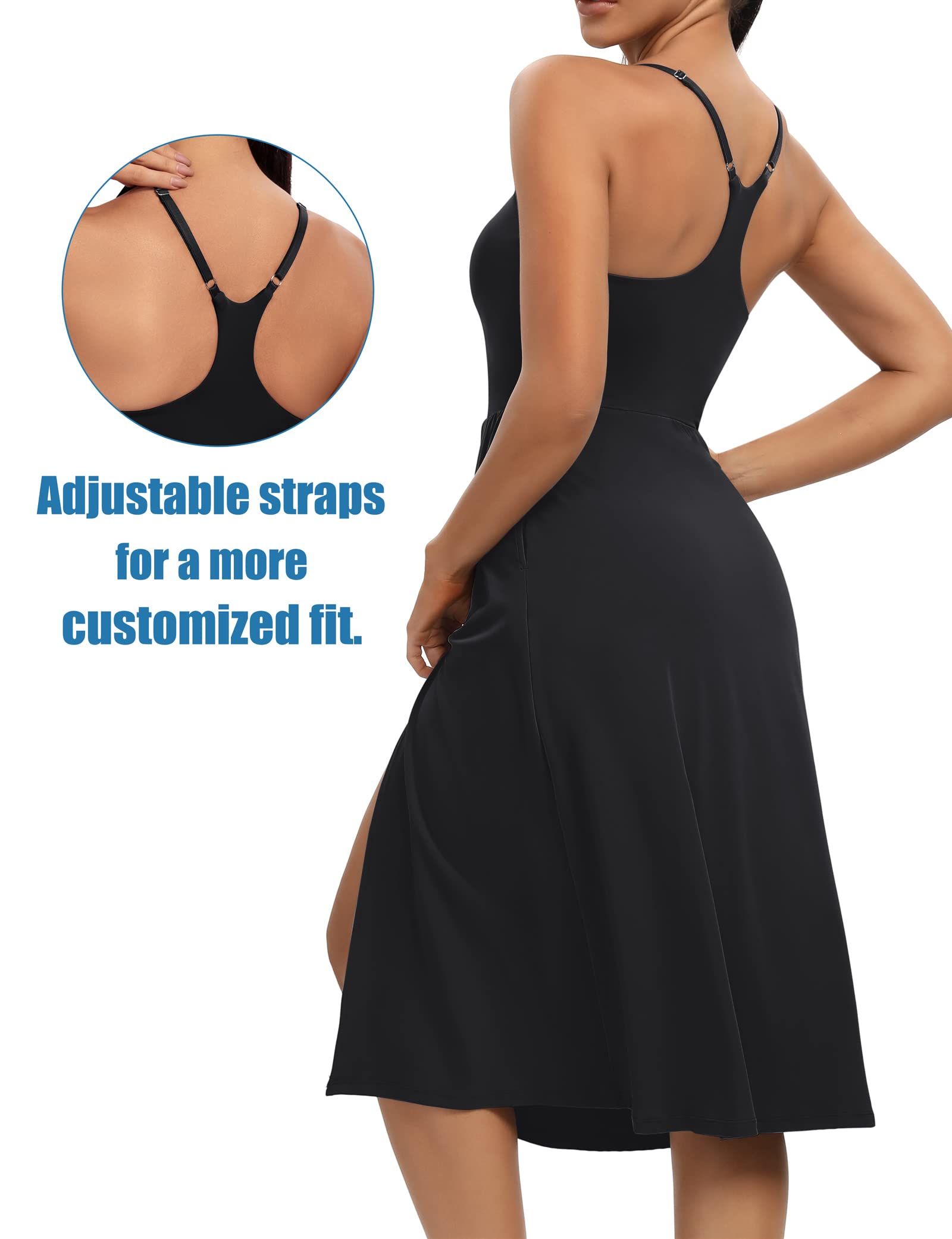 Athletic Dress with Built in Shorts & Bra Adjustable Straps Workout Dress for Tennis Golf Midi Dresses for Women Black