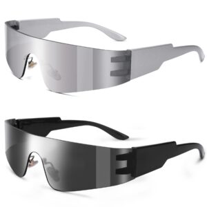 NULOOQ Y2K Rimless Futuristic Wrap Around Sunglasses Women Men, Trendy Cyberpunk Visor Sunglasses Monoblock Cyclops Shades (Black/Gray + Silver/Silver Mirrored) - 2 Pack