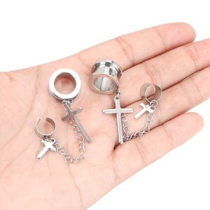 YOFANST Stainless Steel Dangle Cross Ear Tunnels Chain Huggie Hoop Earrings Gauges 00G, Silver