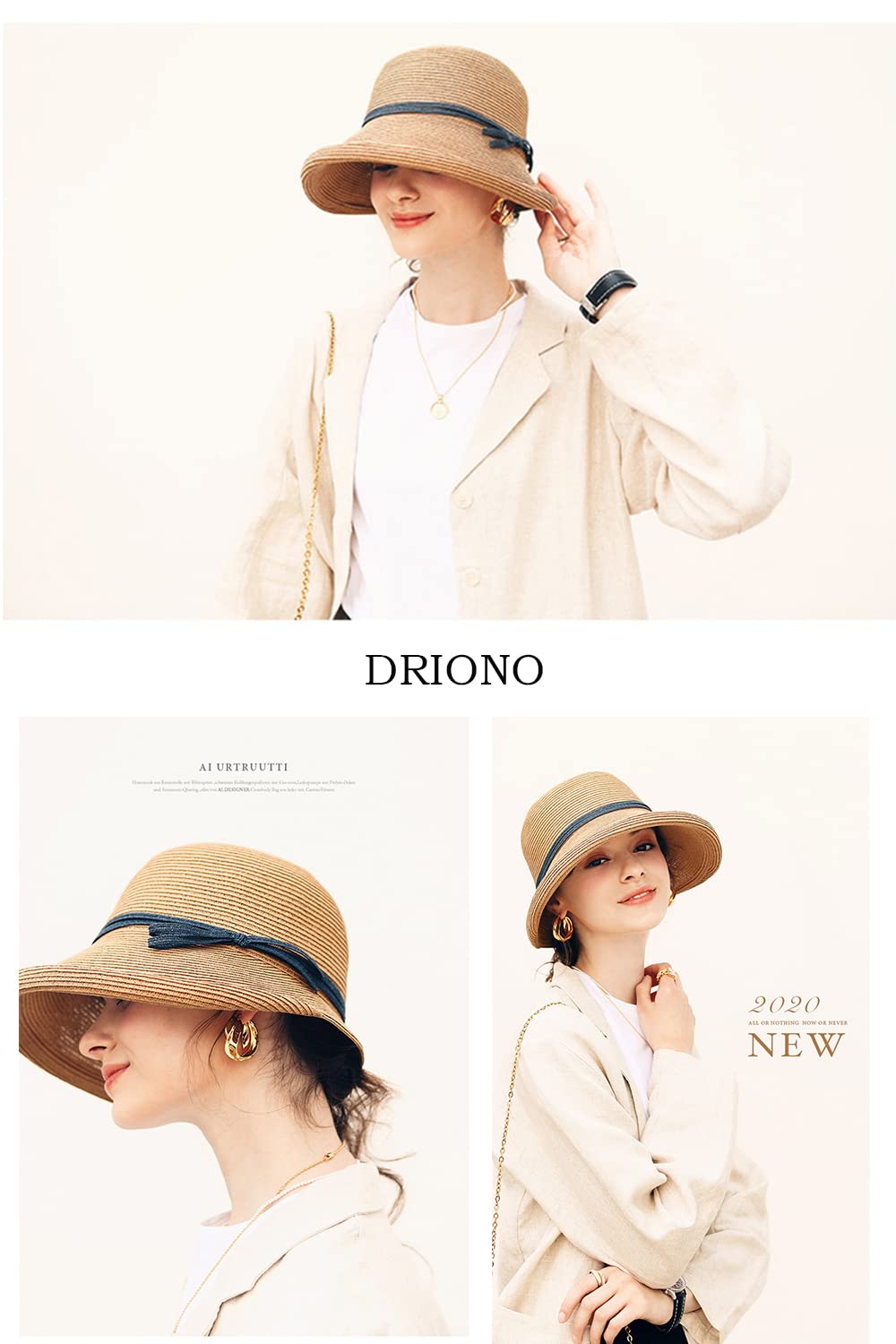 DRIONO Straw Hat - Women Style Fashion Summer Cloche Beach Fedora Trilby Hat Panama Sun Hat (Beige)