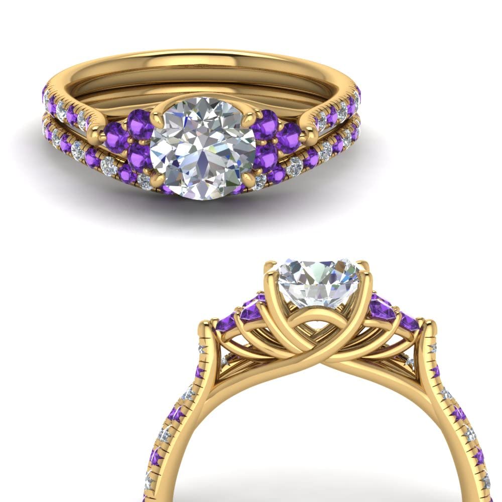 CaratYogi Round Cut Petite Cathedral Wedding Ring Set Yellow Gold Plated Natural Amethyst Round Shape Purple Color Wedding Ring Sets Prong Setting in Size 9 Casual Wear for Gift