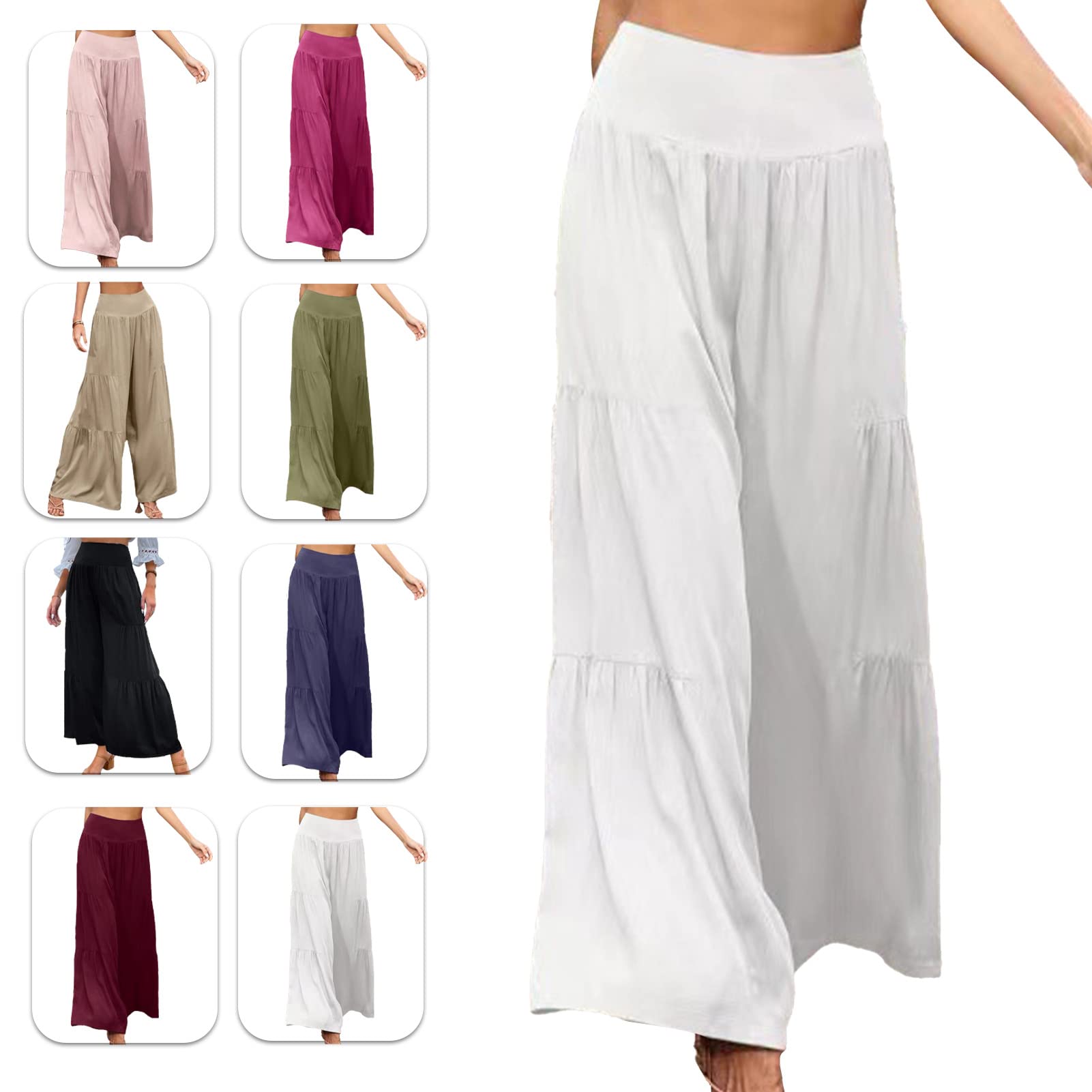 Women's Casual Pants Elastic High Waist Wide Leg Loose Summer Solid Color Splicing Sweatpants Yoga Running Sports(S-White)