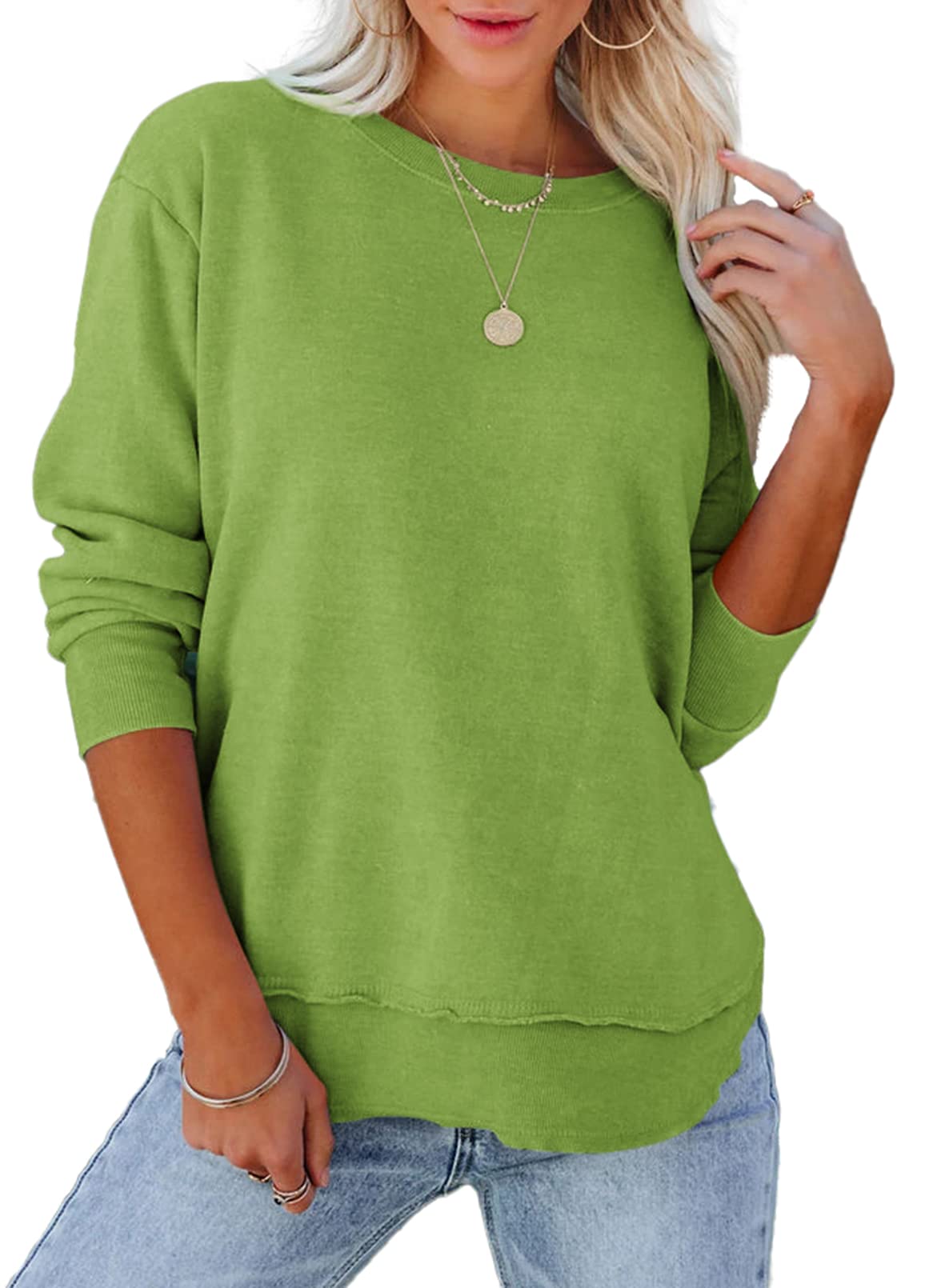 Pkabogbi Womens Long Sleeve Crewneck Pullover Sweatshirt No Hood Loose Fit Basic Green Sweatshirts Side Split Pullover Tops Green Small