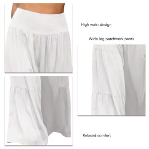 Women's Casual Pants Elastic High Waist Wide Leg Loose Summer Solid Color Splicing Sweatpants Yoga Running Sports(S-White)