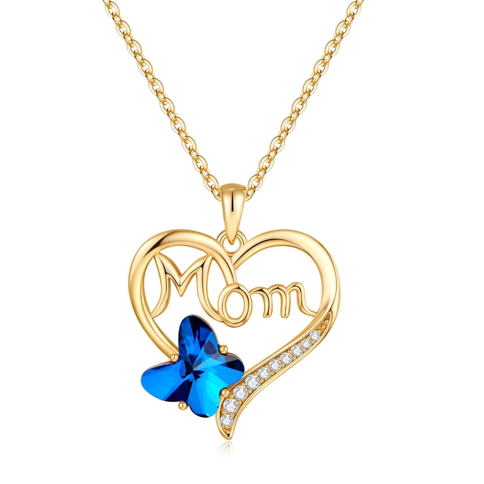 Iefil Birthstone Necklaces for Mom - 30 40 50 60 Th Year Old Birthday Gifts for Mom, Mothers Day Gift Ideas, Gold 925 Sterling Silver Heart Butterfly Birthstone Necklace, Jewelry Gifts for Mom