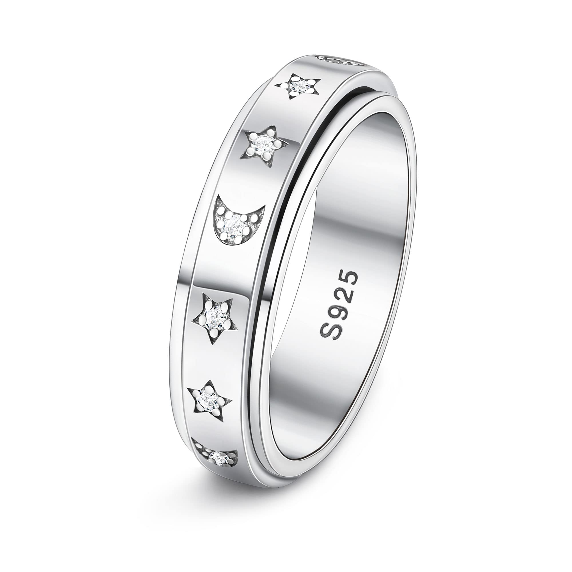 MUSECLOUD Fidget Ring 925 Sterling Silver Spinner Ring Moon Star Anxiety Ring for Women White Gold Plated 6MM Fidget Band Stress Relief Anti Anxiety Jewelry (Silver, 10)