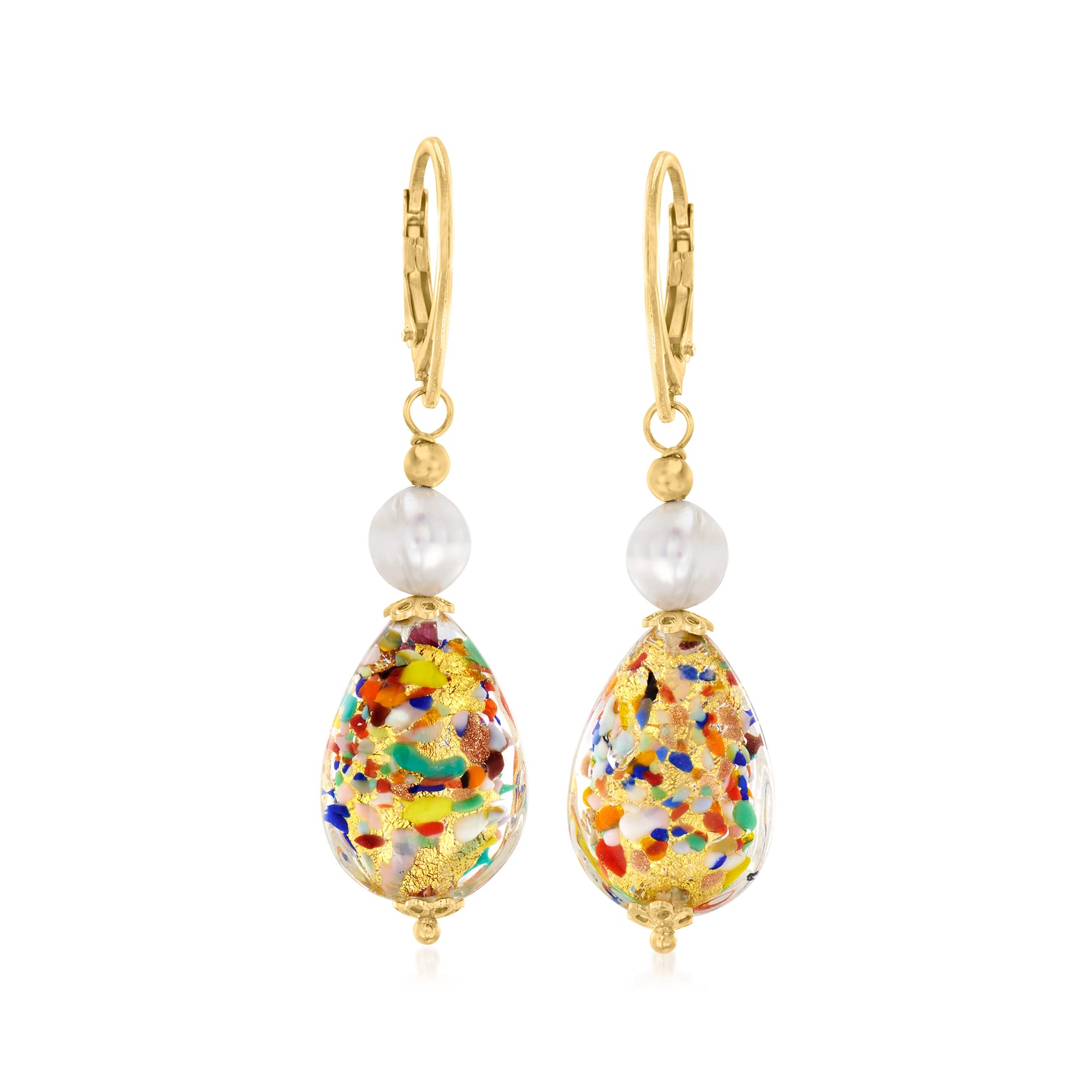 Ross-Simons Italian Multicolored Murano Glass Bead Drop Earrings With 7-7.5mm Cultured Pearls in 18kt Gold Over Sterling