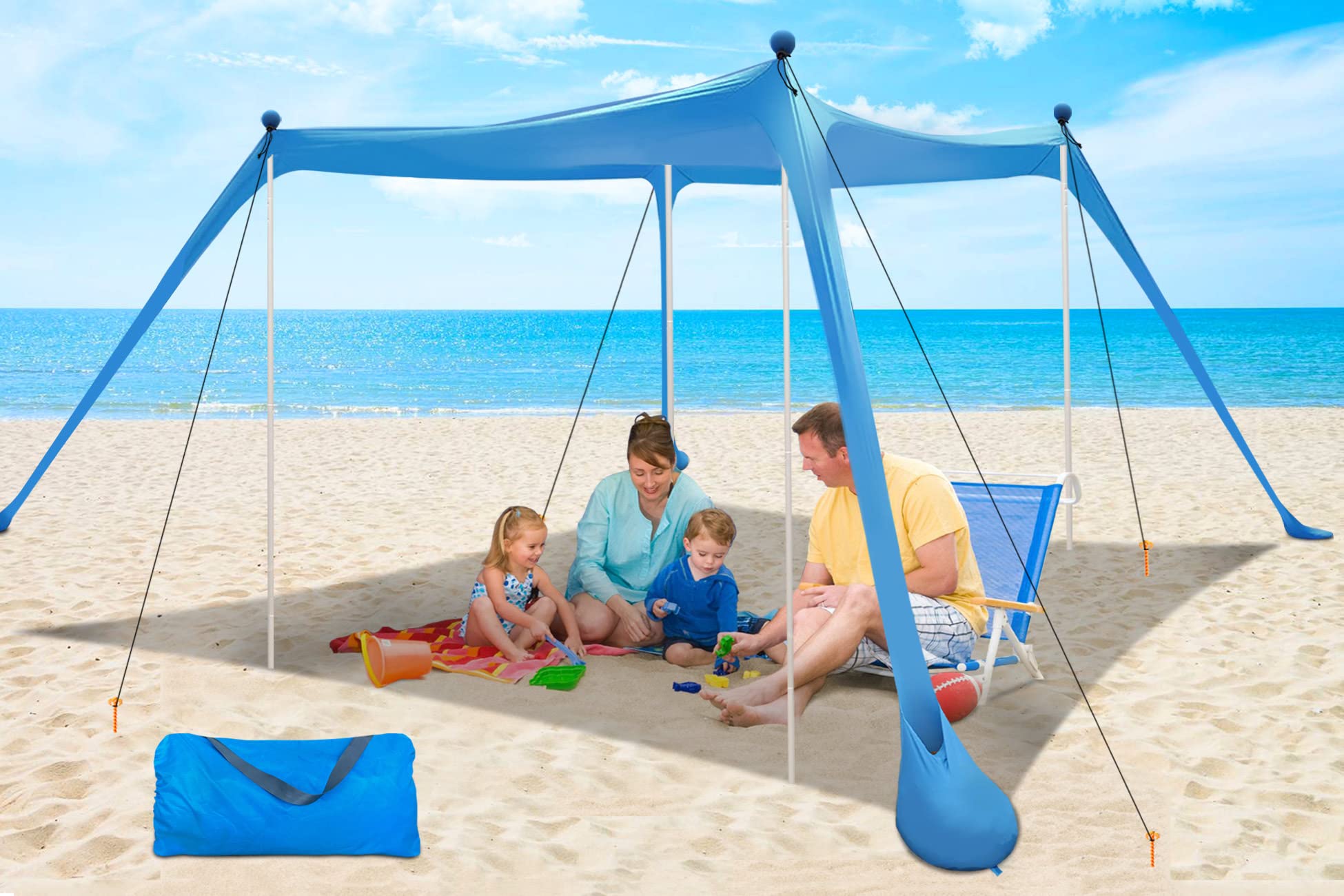 YENGIAM Beach Canopy Beach Tent UPF50+ 11x11 FT Easy to Setup Extra Windproof Rope Sun Shelter Beach Shade Canopy with 4 Stability Poles Outdoor Shade for Beach Camping Family