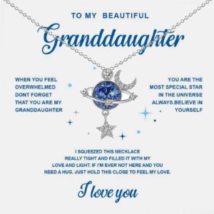 To My Beautiful Granddaughter Stars & Moon Necklace, Special Star Necklace CubicZirconia Stars Moon Universary Sapphires Pendant Necklace For Granddaughter Birthday Graduation Gift, Brass, Cubic