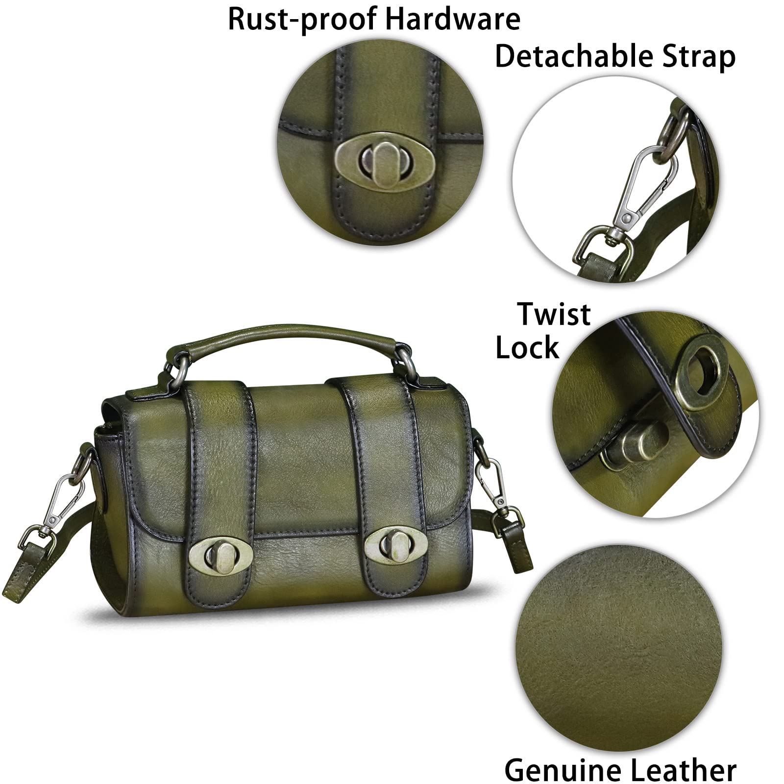 Genuine Leather Satchel for Women Vintage Purse Handmade Handbag Retro Crossbody Bag Purse (Green)