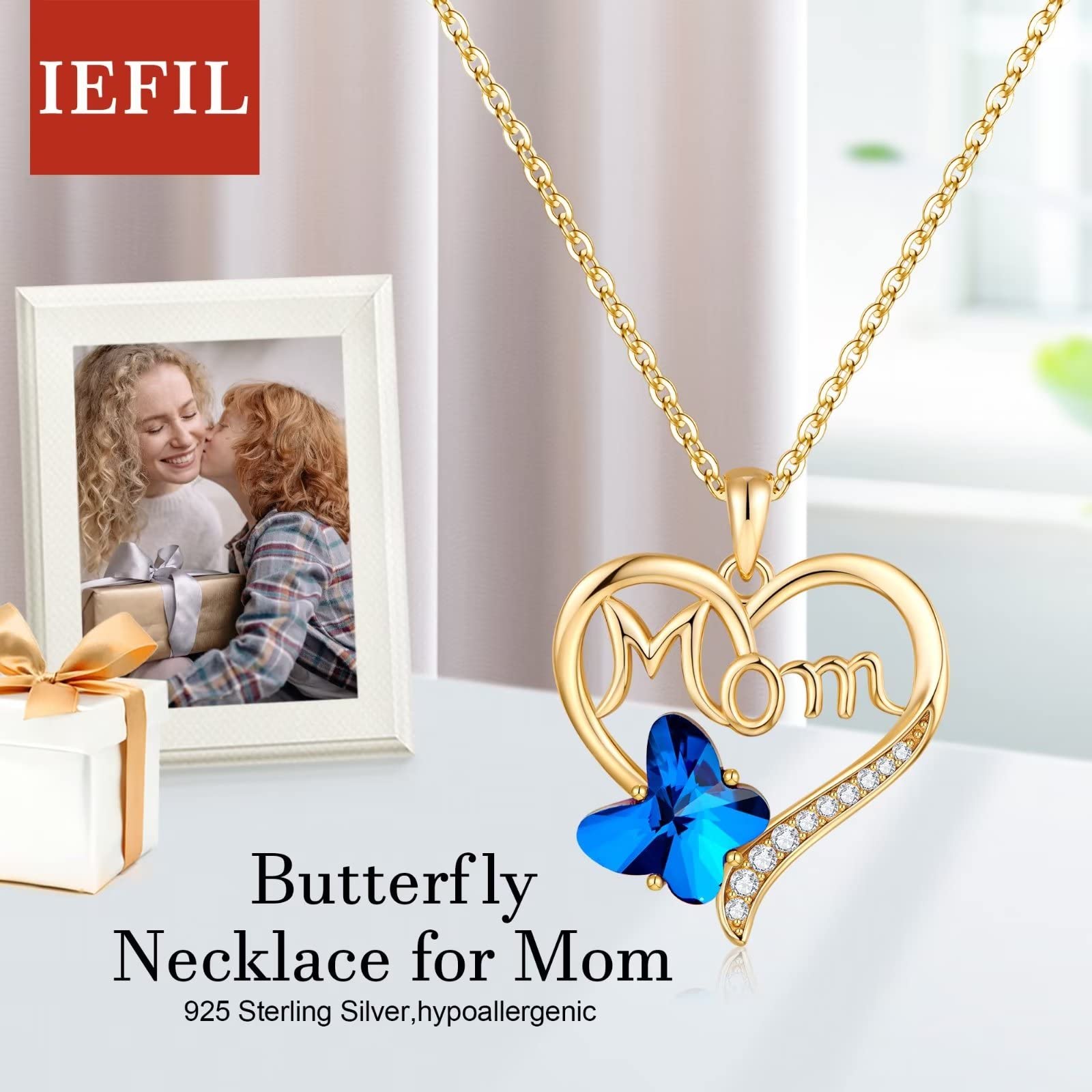 Iefil Birthstone Necklaces for Mom - 30 40 50 60 Th Year Old Birthday Gifts for Mom, Mothers Day Gift Ideas, Gold 925 Sterling Silver Heart Butterfly Birthstone Necklace, Jewelry Gifts for Mom