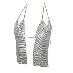 Women Sexy Glitter Rhinestone Halter Crop Tank Tops Sparkly Deep V Neck Backless Body Jewelry Chain for Rave Party Club