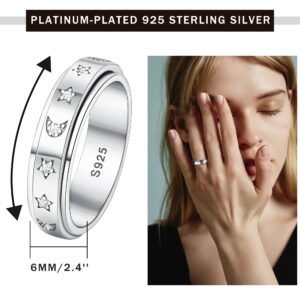 MUSECLOUD Fidget Ring 925 Sterling Silver Spinner Ring Moon Star Anxiety Ring for Women White Gold Plated 6MM Fidget Band Stress Relief Anti Anxiety Jewelry (Silver, 10)