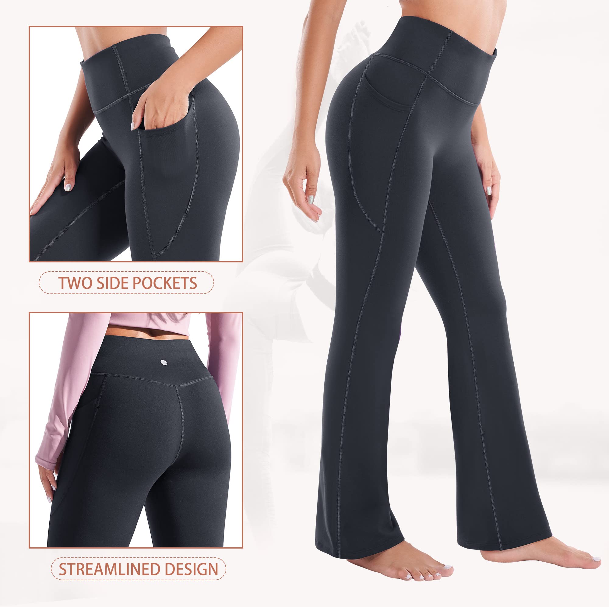 Heathyoga Fleece Lined Pants Women Yoga Pants with Pockets for Women Thermal Pants High Waist Flare Leggings for Winter Black