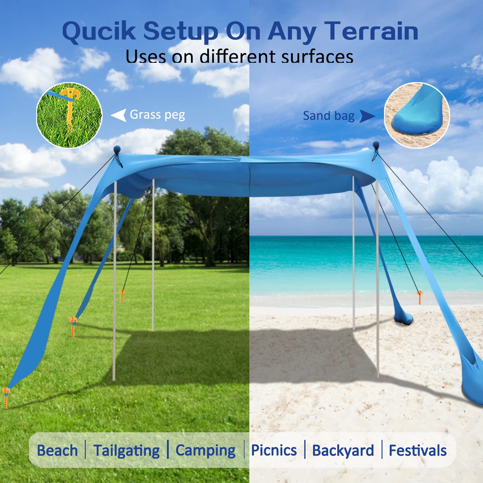 YENGIAM Beach Canopy Beach Tent UPF50+ 11x11 FT Easy to Setup Extra Windproof Rope Sun Shelter Beach Shade Canopy with 4 Stability Poles Outdoor Shade for Beach Camping Family