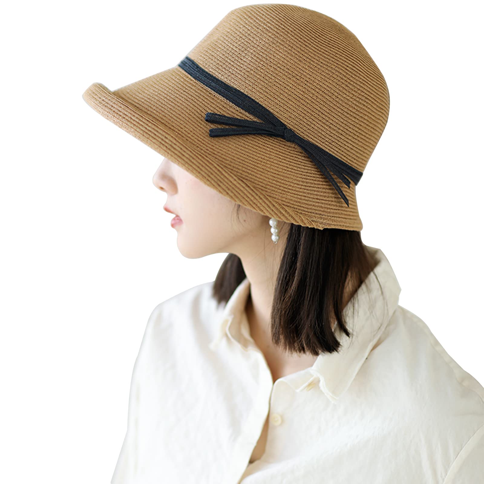 DRIONO Straw Hat - Women Style Fashion Summer Cloche Beach Fedora Trilby Hat Panama Sun Hat (Beige)