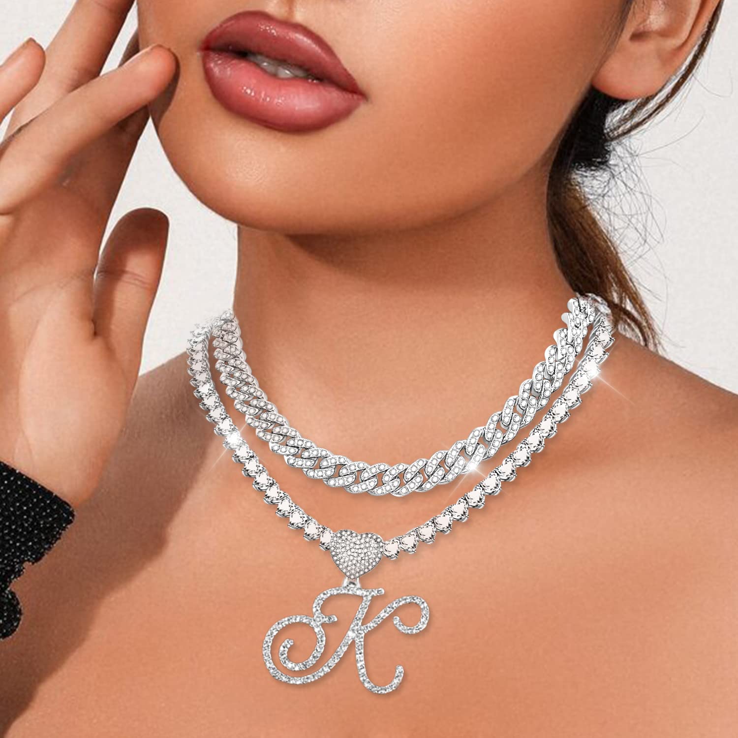 KOHOTA Cursive Silver Initial Pendant Necklace for Women Miami Cuban Link Chain Layered Heart Shape Bling Diamond Iced Out Chain Pendant Necklace Hip Hop Jewelry Gift 2PCS Chains