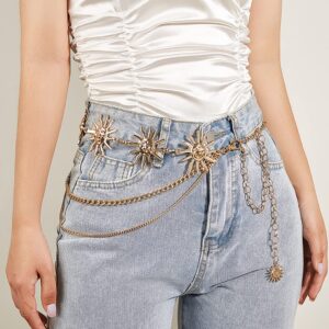 2-Layer Punk Rock Metal Waist Chain, Star Spice Body Chain, Belt Dress Chain, Vintage Fringe Sun Chain Gothic Accessory (Golden Sun)