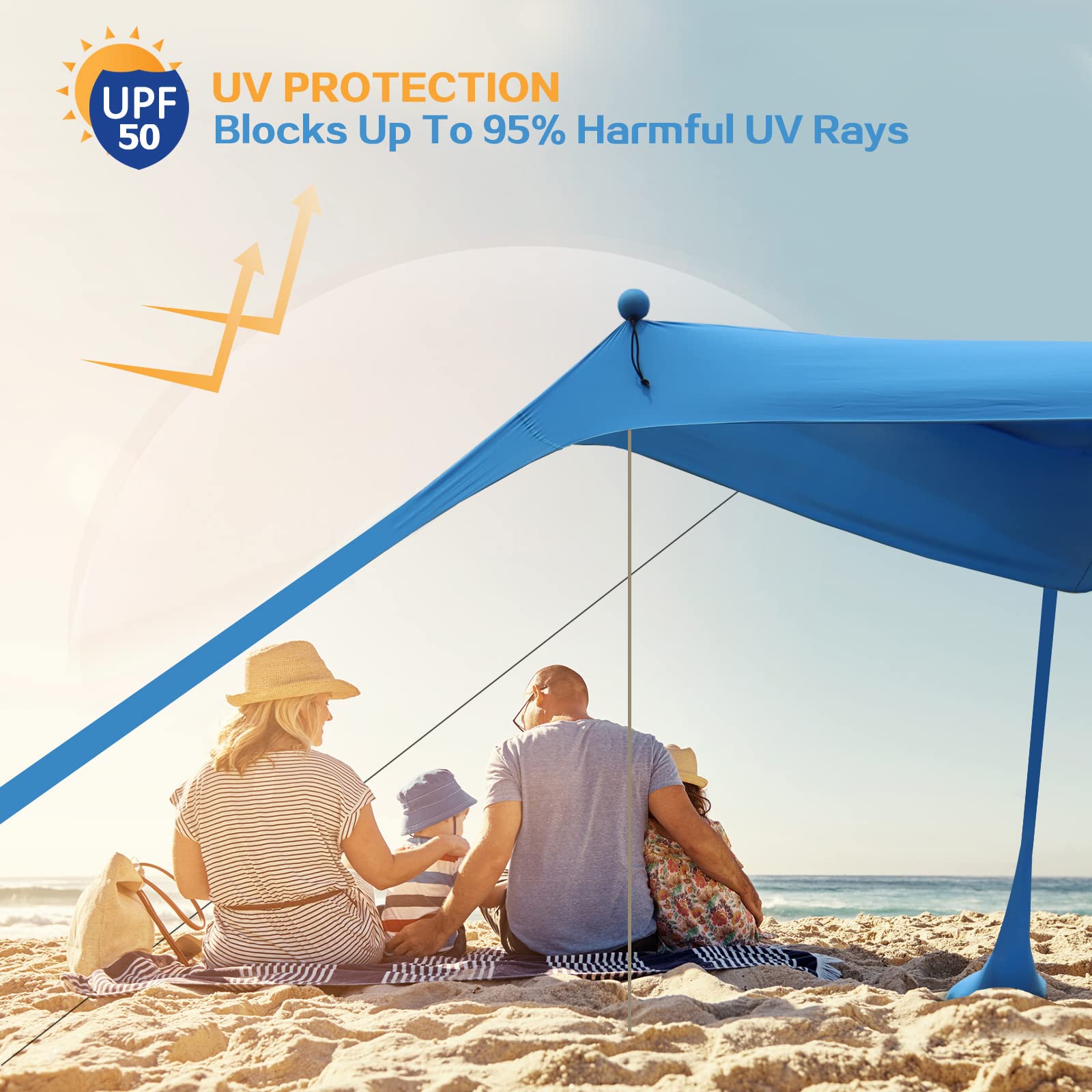 YENGIAM Beach Canopy Beach Tent UPF50+ 11x11 FT Easy to Setup Extra Windproof Rope Sun Shelter Beach Shade Canopy with 4 Stability Poles Outdoor Shade for Beach Camping Family